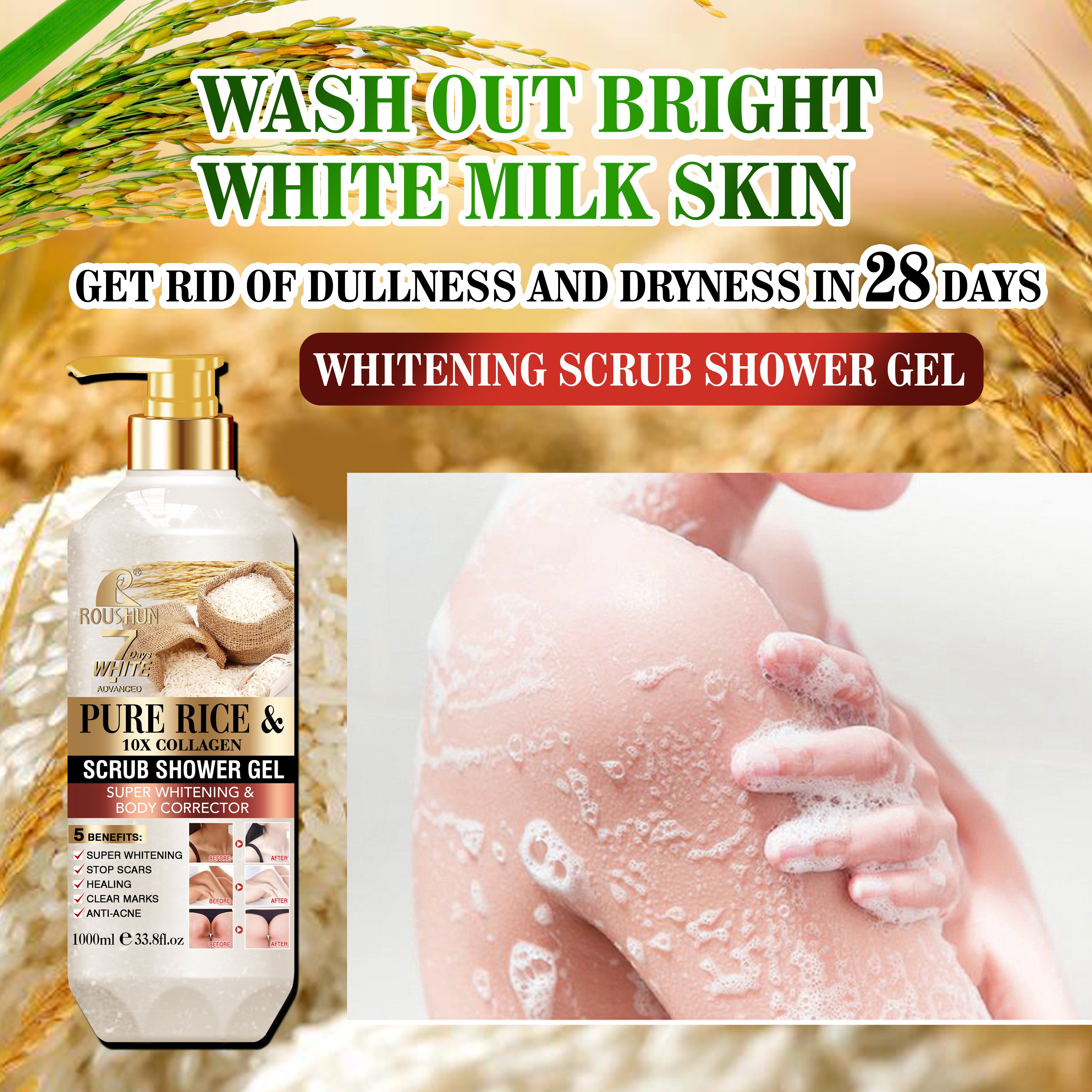 ROUSHUN Pure Rice Scrub Shower Gel Clean Skin Moisten Water Replenishing Long Lasting Fragrance Whitening Bubble Exfoliator