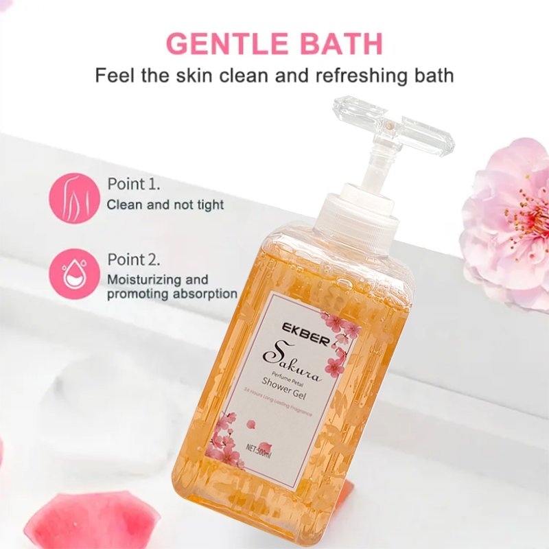 Customize logo Organic Cherry Blossom Shower Gel Refreshing Body Wash Sakura Flower Petals Body Cleanser For Adults