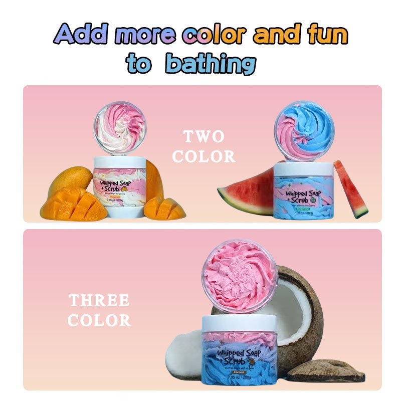 Wholesale OEM ODM Custom Logo Natural Lightening Shower Gel Cleaning Fruity Exfoliating Whitening Body Scrub Bubble Whipped Soap