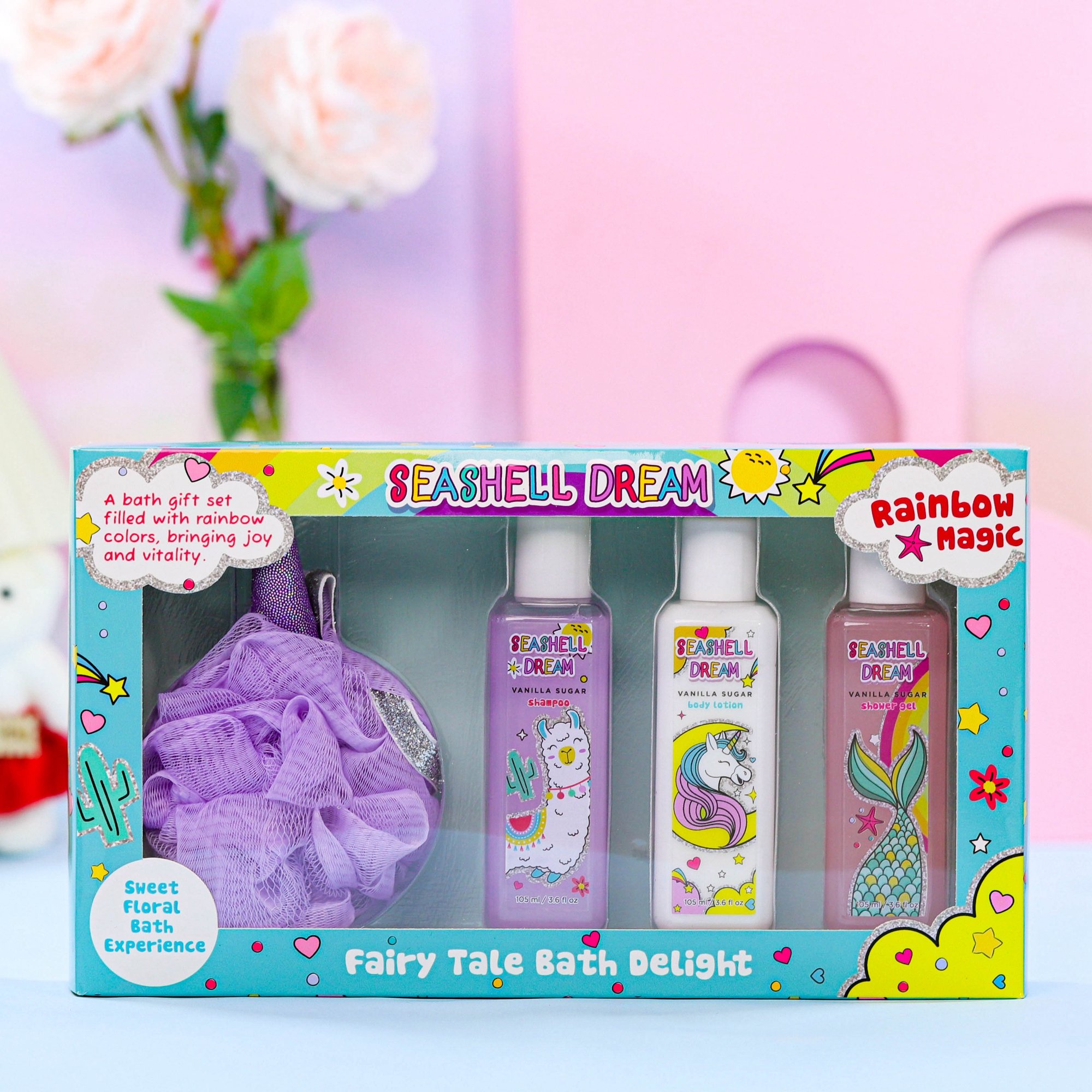 New cartoon rainbow magic design 105ML shower gel body lotion shampoo girl bath spa gift bath sets for women