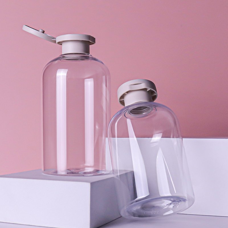 in stock unique empty 300ml clear PET plastic squeeze shampoo bottles with flip cap for hotel