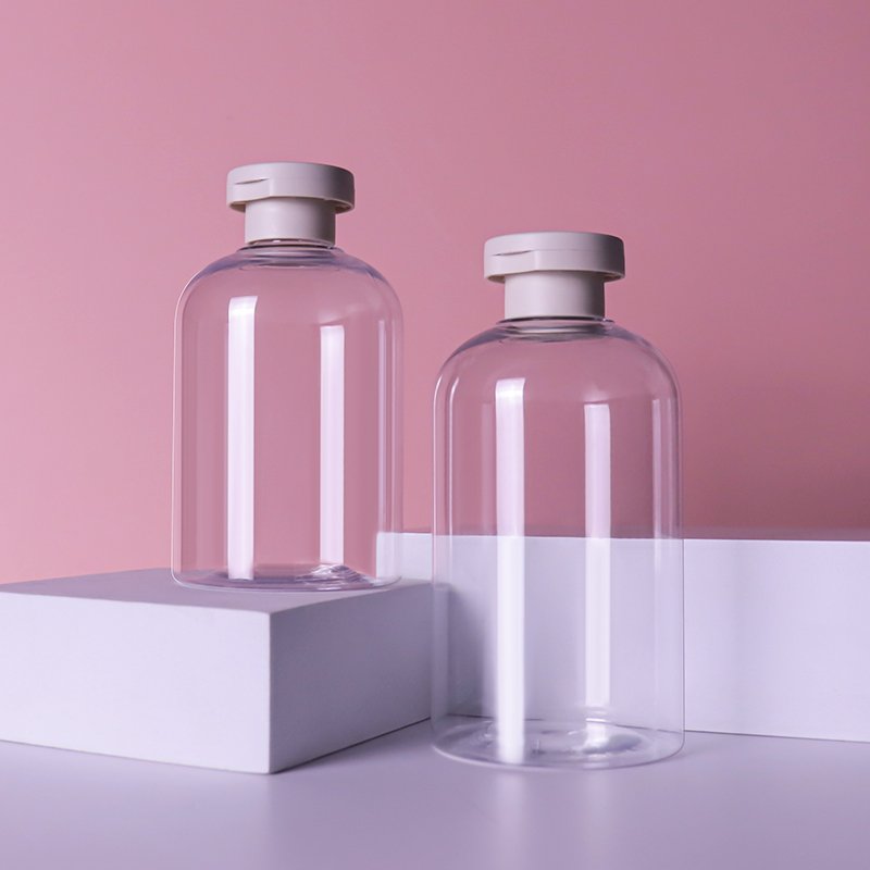 in stock unique empty 300ml clear PET plastic squeeze shampoo bottles with flip cap for hotel