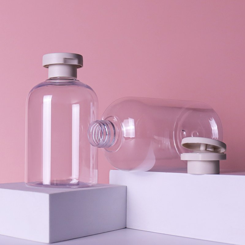 in stock unique empty 300ml clear PET plastic squeeze shampoo bottles with flip cap for hotel