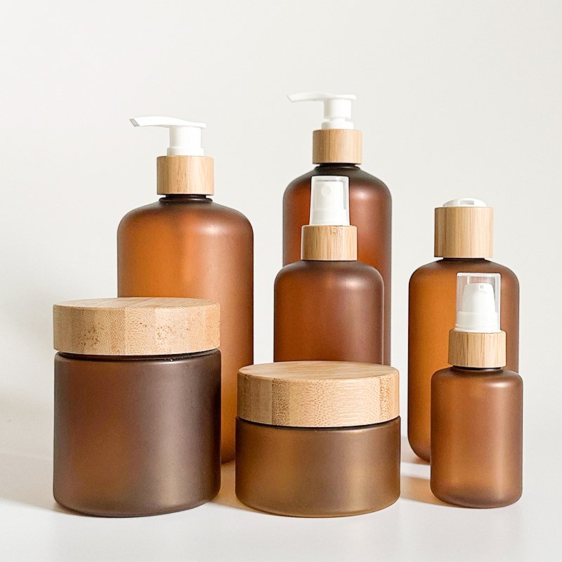 luxury cosmetic lotion packaging plastic shower gel shampoo pump bottle with bamboo disc cap 60ml 120ml 250ml 500ml