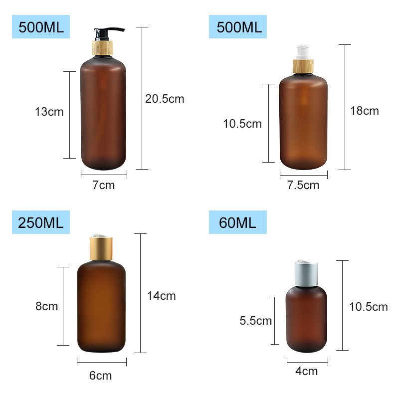 luxury cosmetic lotion packaging plastic shower gel shampoo pump bottle with bamboo disc cap 60ml 120ml 250ml 500ml