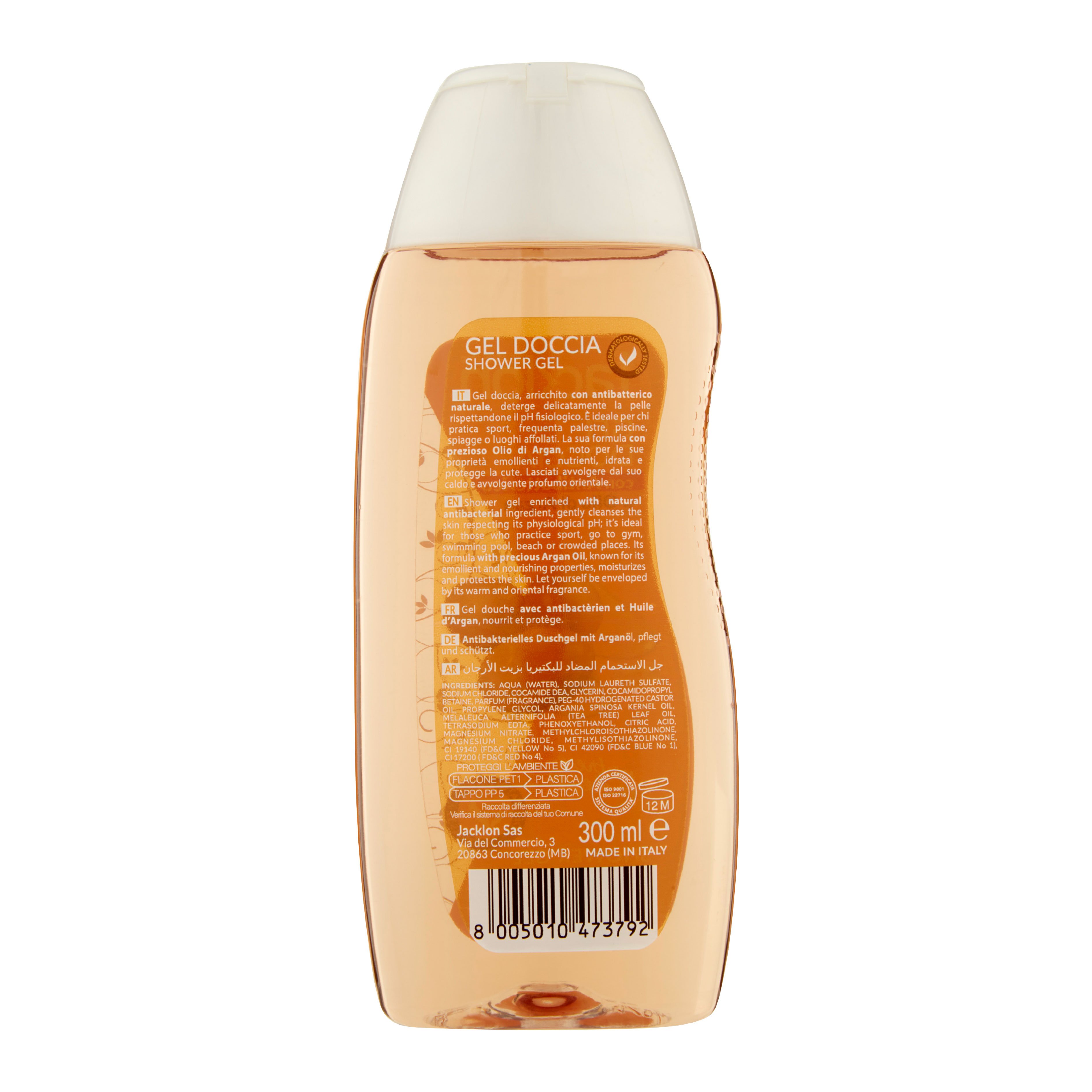 100% MADE IN ITALY JACKLON SHOWER GEL WITH ANTIBAC .& ARGAN OIL 300 ML