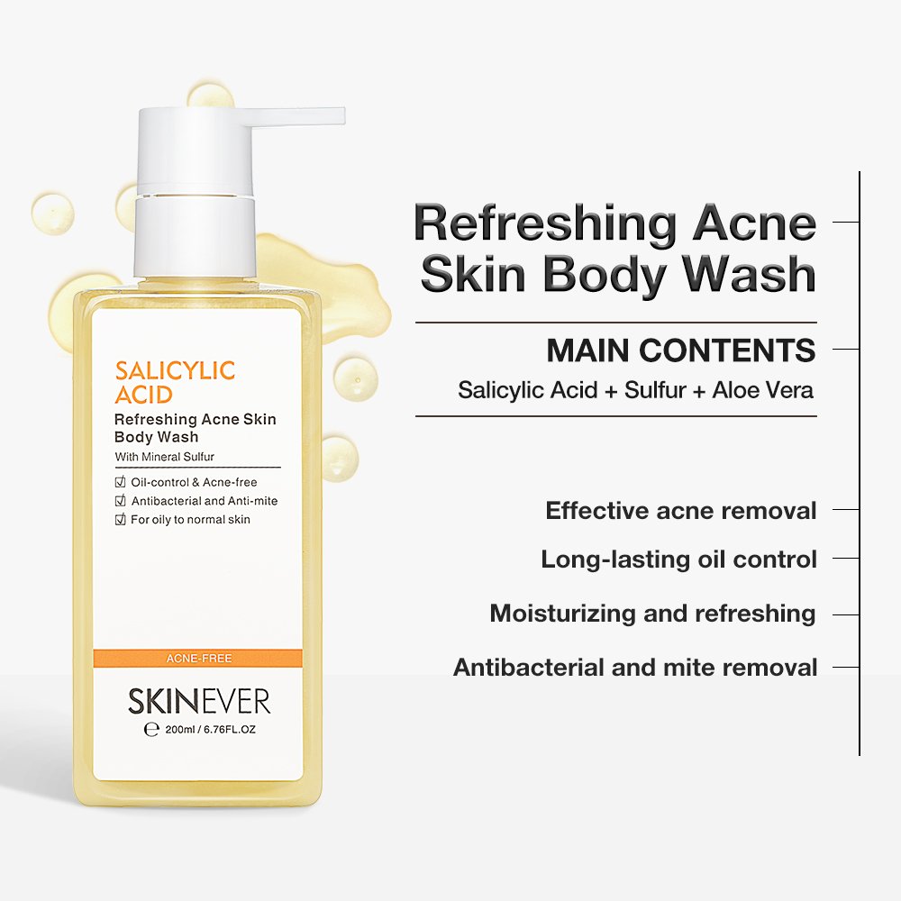 SKINEVER Refreshing Gel Body Wash Salicylic Acid Sulfur Infused Anti-Acne Anti-Mite Skin Care Adults Herbal Formula Liquid