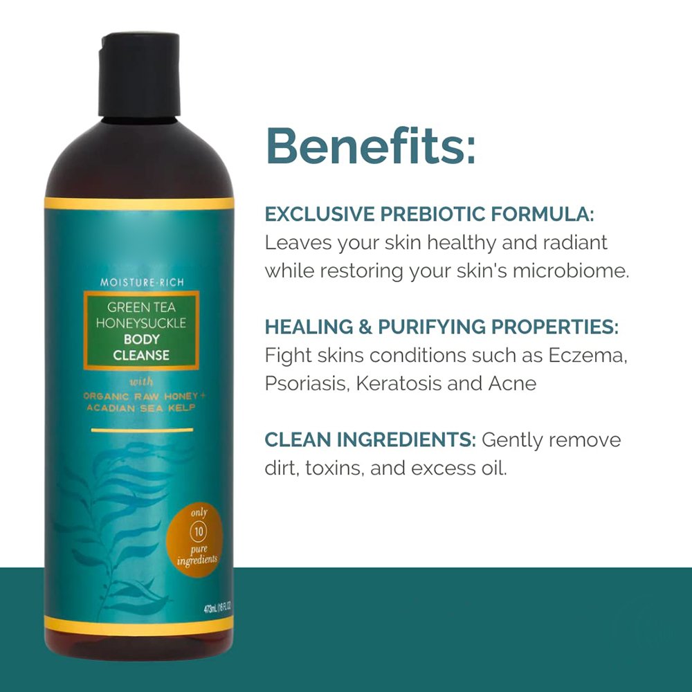 Green Tea Honeysuckle Body Cleanse Organic Shower Gel All Natural Prebiotic Body Wash with Raw Honey