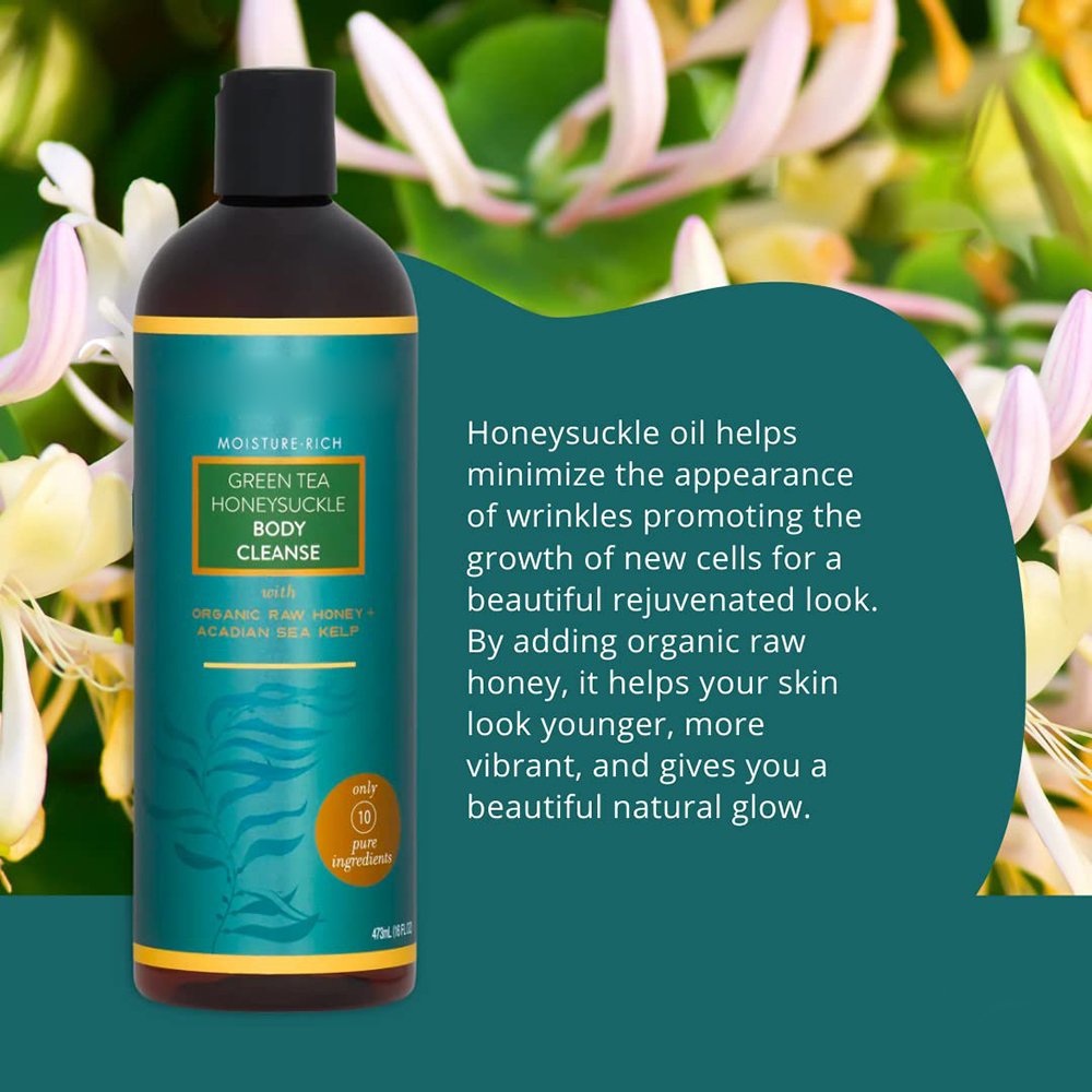 Green Tea Honeysuckle Body Cleanse Organic Shower Gel All Natural Prebiotic Body Wash with Raw Honey