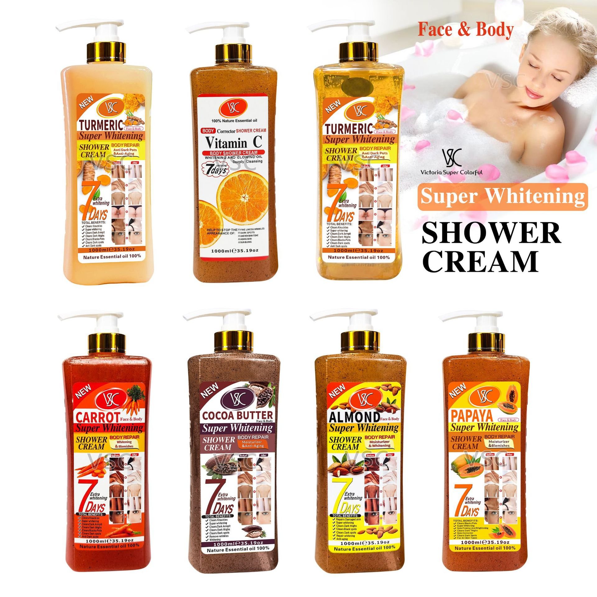 7 Days Body Repair Cream Turmeric Vc Carrot Papaya Nourishing Moisturizing Brightening Skin Anti Aging Shower Gel 1000ml