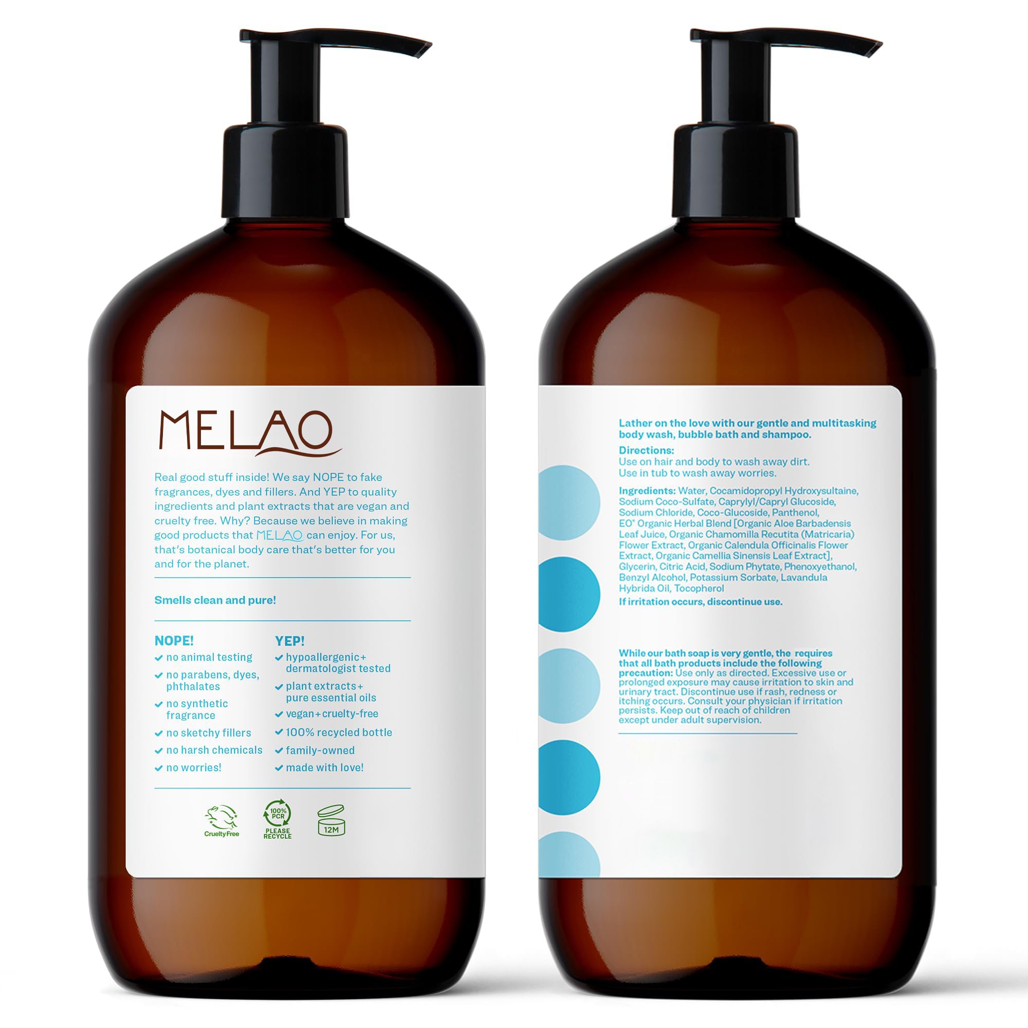 3-in-1 Soap Body Wash Bubble Bath Shampoo Unscented Coconut Cleanser with Plant Extracts and Pure Essential Oils Shower Gel