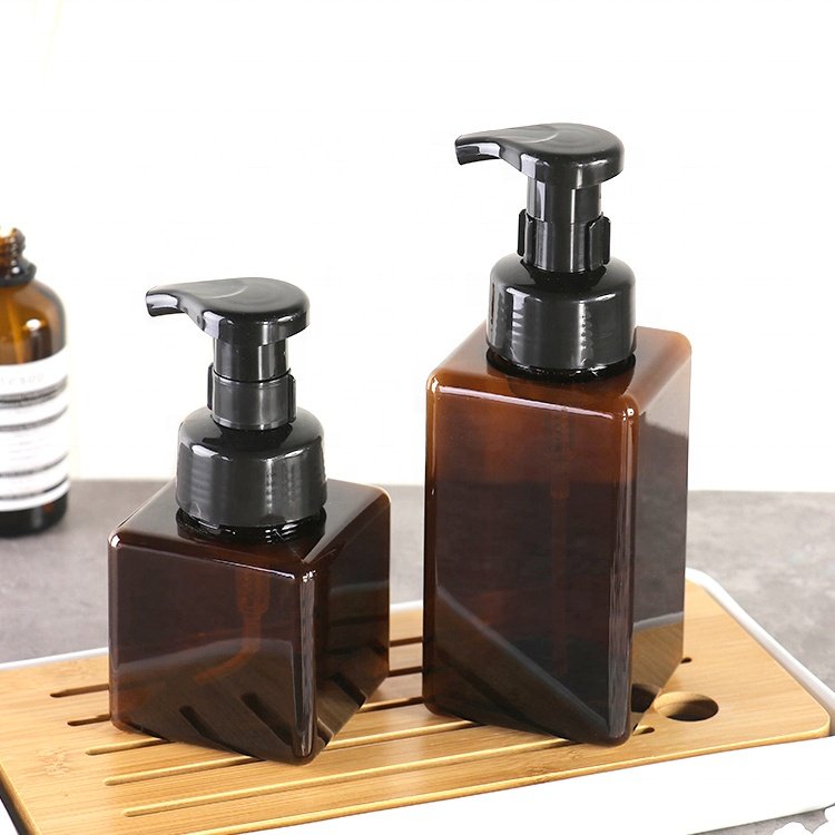 Square Foaming Soap Dispenser 450ml 15oz Amber Refillable Plastic Foam Pump Bottle for Liquid Soap Shampoo Body Wash