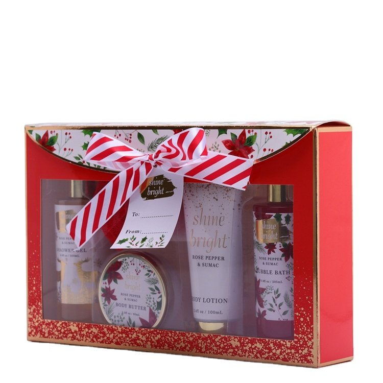 High quality hot sale custom body lotion shower gel bubble paper box merry christmas bath gift set with pvc tray