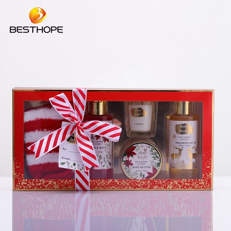 High quality hot sale custom body lotion shower gel bubble paper box merry christmas bath gift set with pvc tray