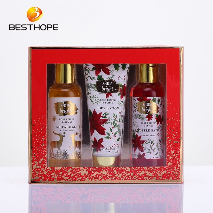 High quality hot sale custom body lotion shower gel bubble paper box merry christmas bath gift set with pvc tray