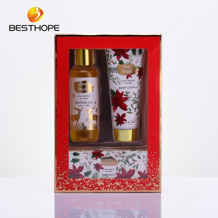 High quality hot sale custom body lotion shower gel bubble paper box merry christmas bath gift set with pvc tray