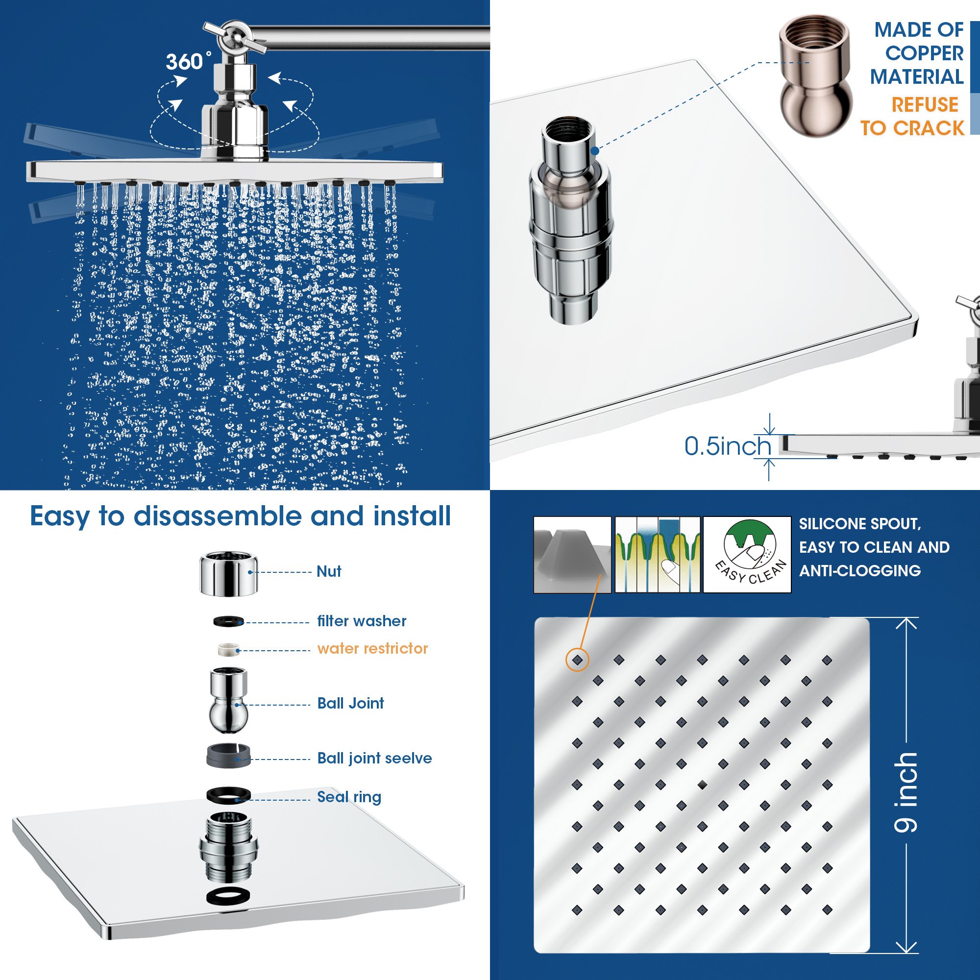 Prime CUPC 10 function Square overhead shower and hand shower set with 7" Free-adjusting extension shower arm