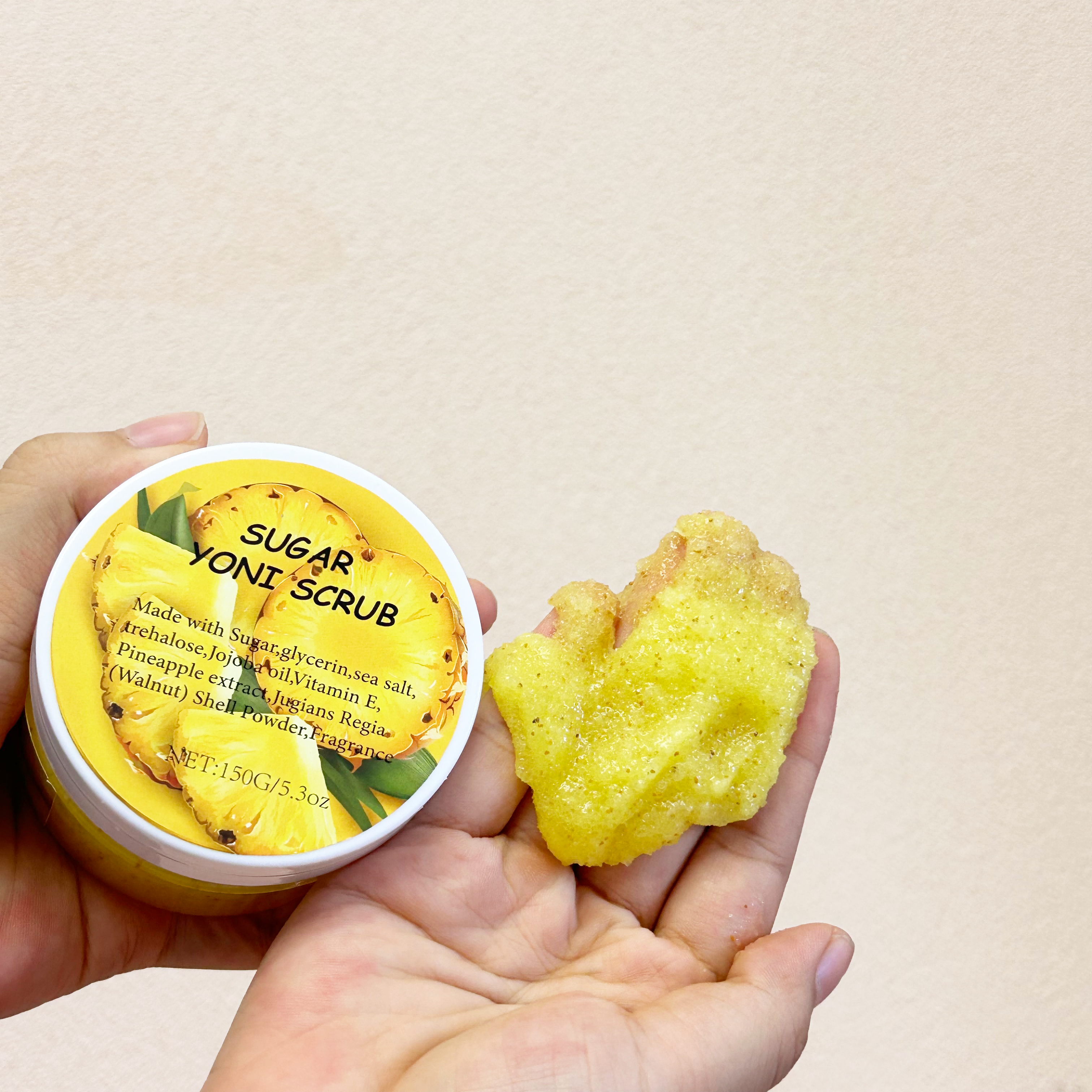 Customized 150g Women's Yoni Sugar Body Scrub with pH Balance Featuring Unique Label and Attractive Scent