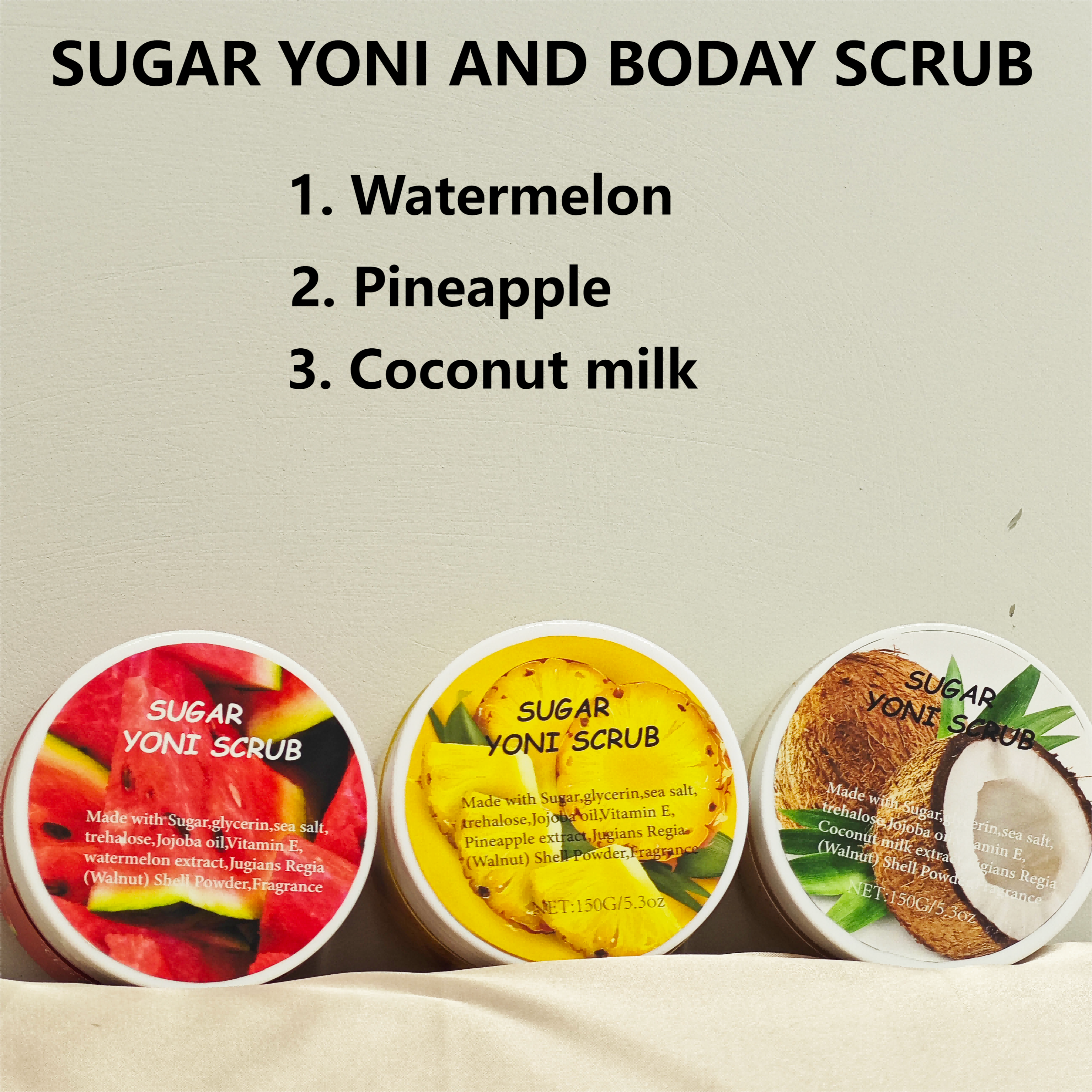 Customized 150g Women's Yoni Sugar Body Scrub with pH Balance Featuring Unique Label and Attractive Scent