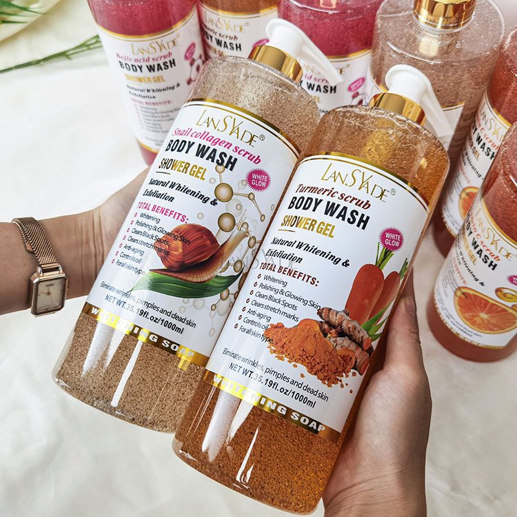Wholesale 1000ml Scrub Rich Foam Shower Gel Lavender Lemon Kojic Acid Turmeric Moisturizing Whitening Body Wash