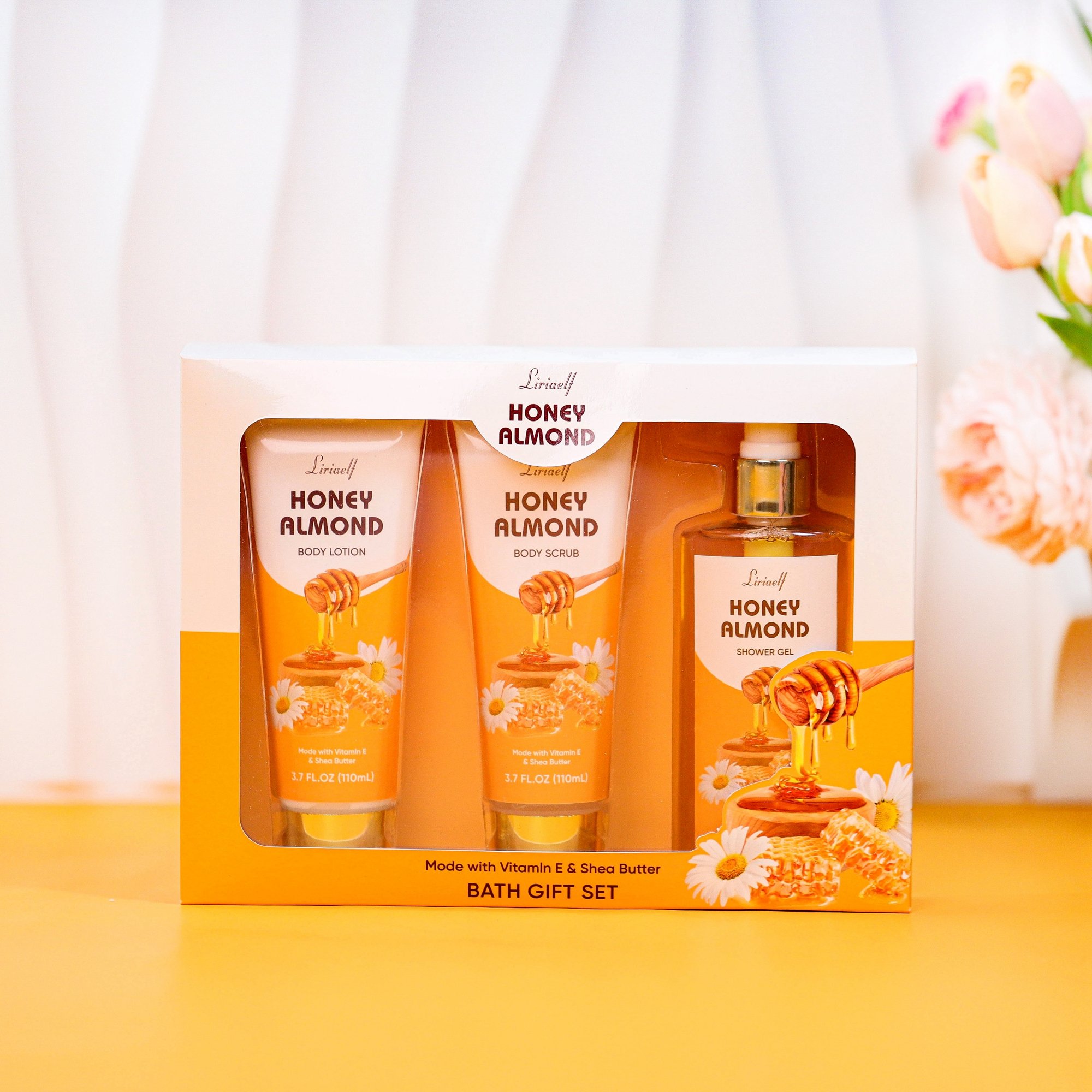 New design paper box pack honey almond 170ml shower gel 110ml body lotion scrub relaxing bath spa gift sets for women