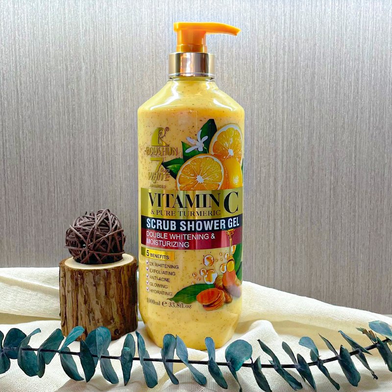 ROUSHUN Vitamin C Body Scrub Shower Gel Double Whitening Glowing Skin Exfoliating Shower Gel