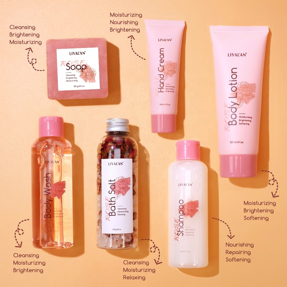 Private Label Women SPA Self Body Care Rose Bath Salt Hair Shampoo Soap Body Wash and Lotion Bath Gift Sets