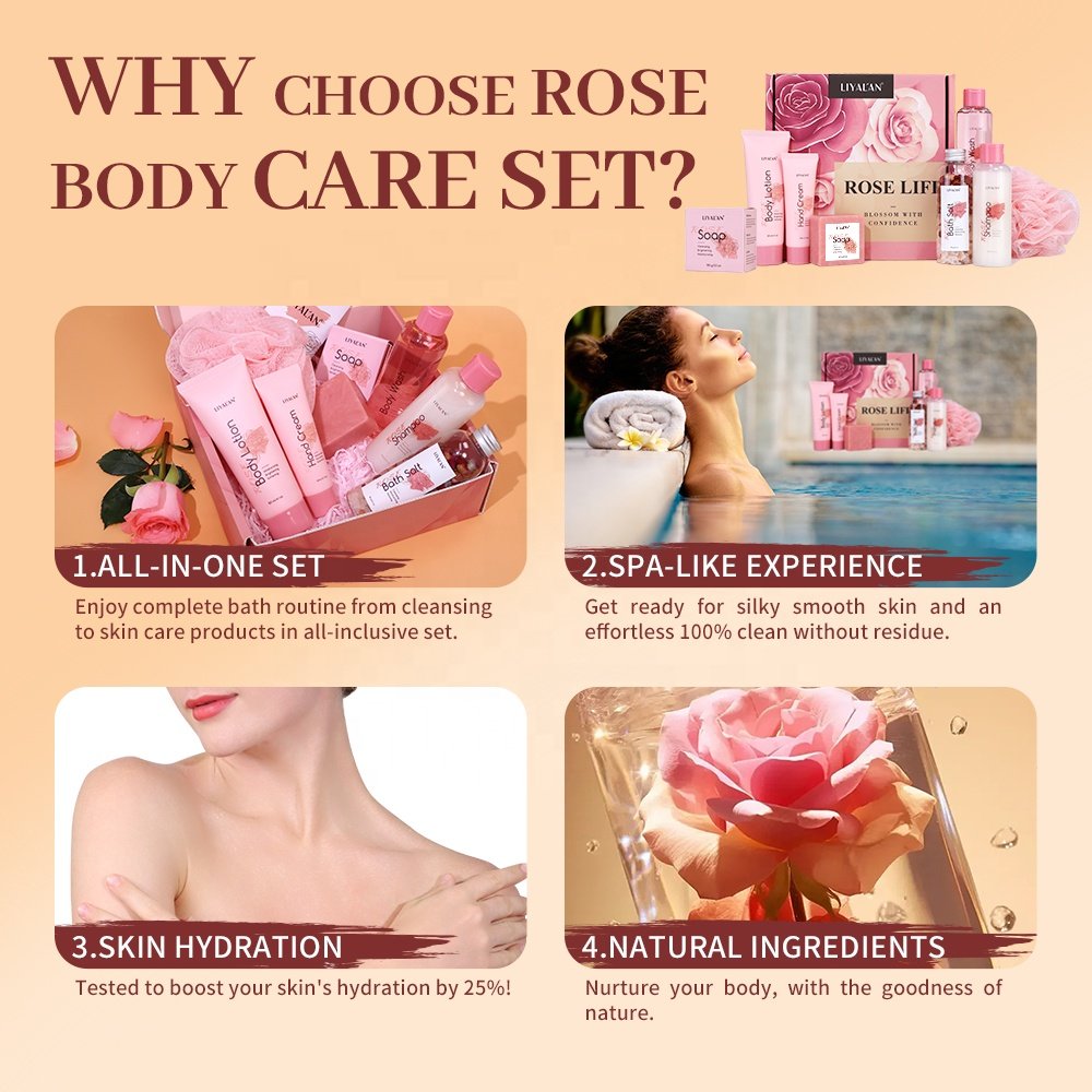 Private Label Women SPA Self Body Care Rose Bath Salt Hair Shampoo Soap Body Wash and Lotion Bath Gift Sets