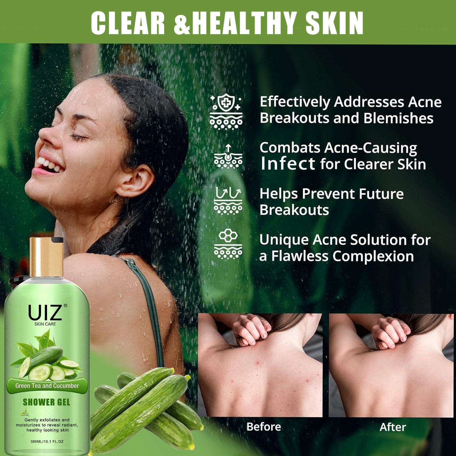 Cucumber & Green Bath Shower Gel Tea Deep Cleansing Moisturizing Skin & Exfoliating Smooth Luxury Body Wash