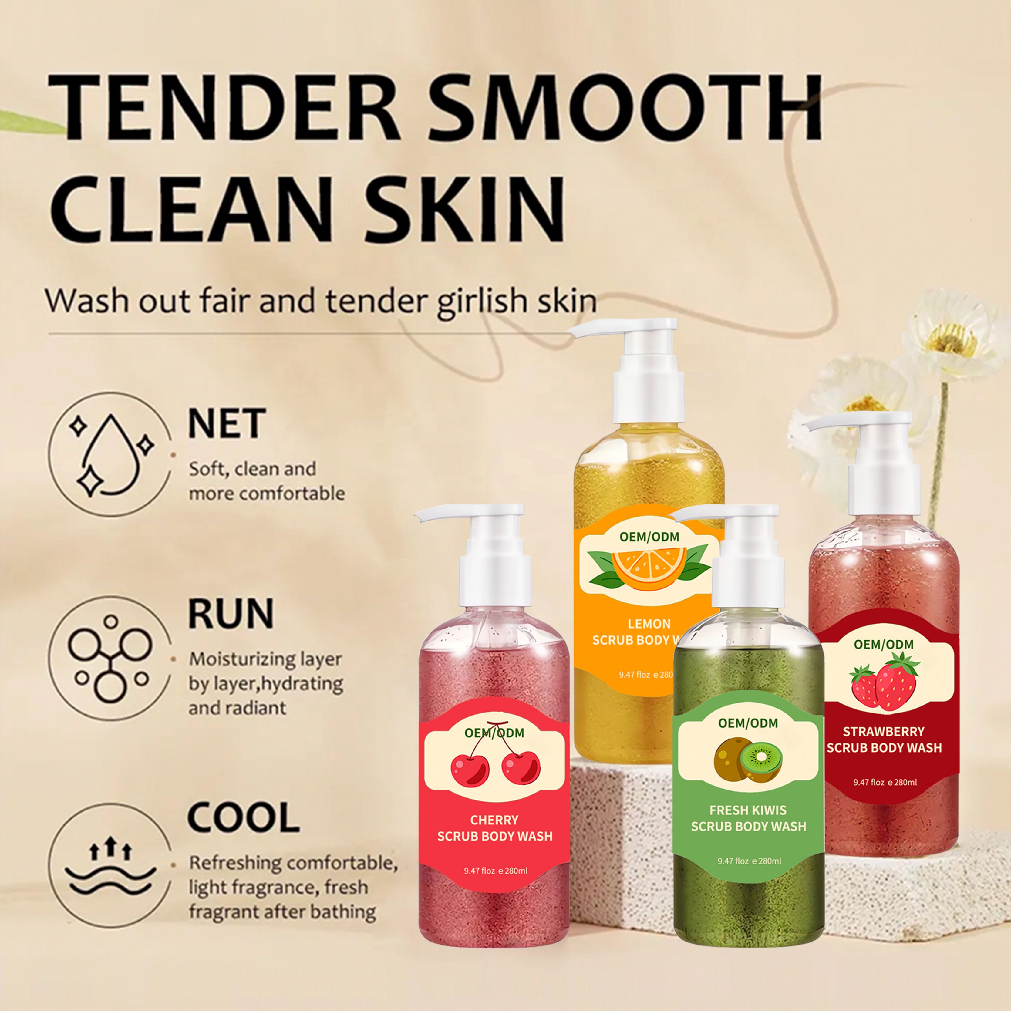 Best seller Natural Organic Fruits shower gel Smooth skin exfoliant refreshing whitening Moisture shower gel body wash wholesale