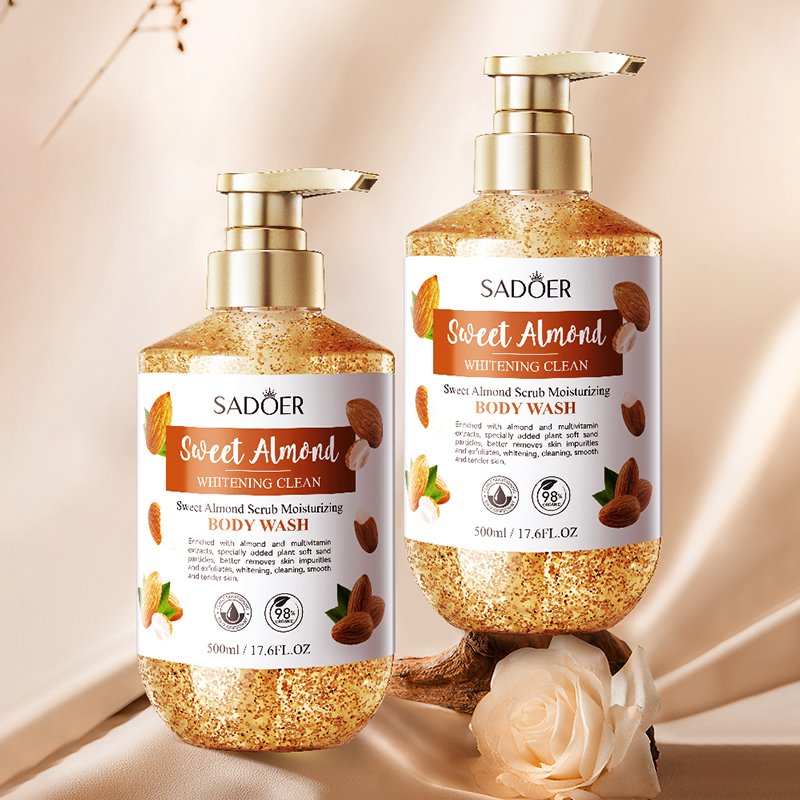 SADOER Private Label Skin Care Products Natural Moisturizing Whitening Shower Gel Organic Sweet Almond Scrub Bath Body Wash