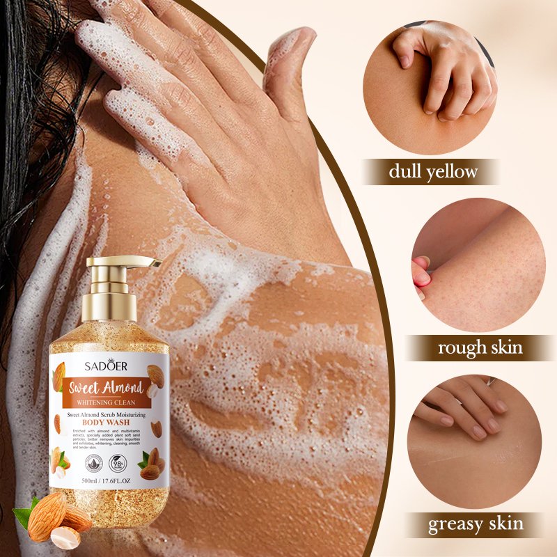 SADOER Private Label Skin Care Products Natural Moisturizing Whitening Shower Gel Organic Sweet Almond Scrub Bath Body Wash