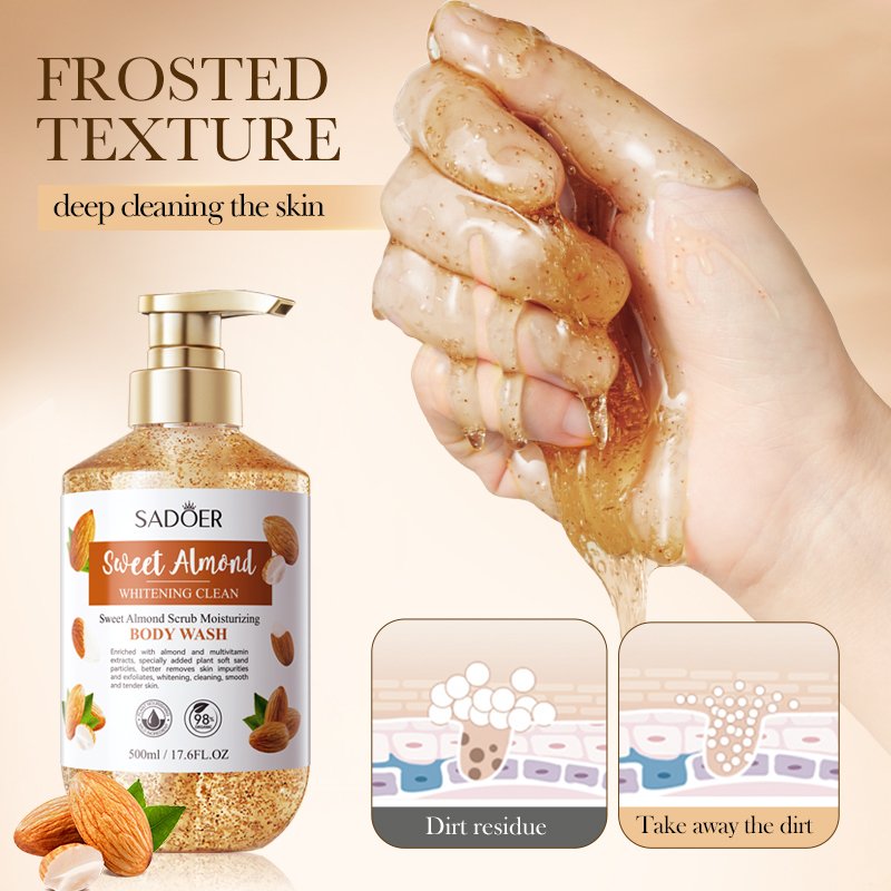 SADOER Private Label Skin Care Products Natural Moisturizing Whitening Shower Gel Organic Sweet Almond Scrub Bath Body Wash