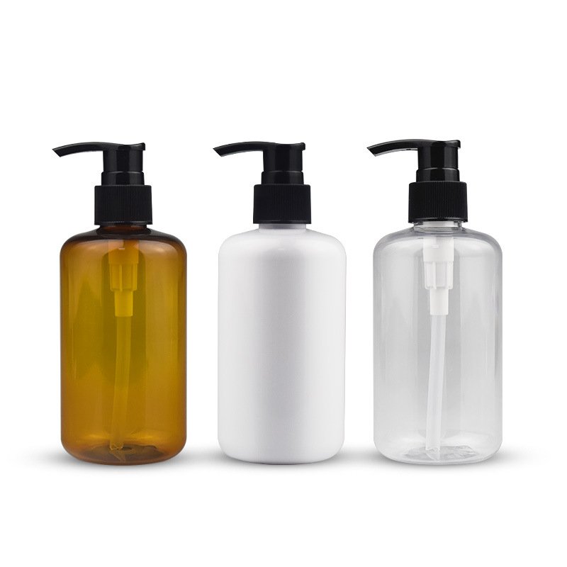 Fuyun Wholesale White Amber Shower Gel Packaging Bottle 200ml Pet Shampoo Handwash Bottle with Black Pump Sprayer