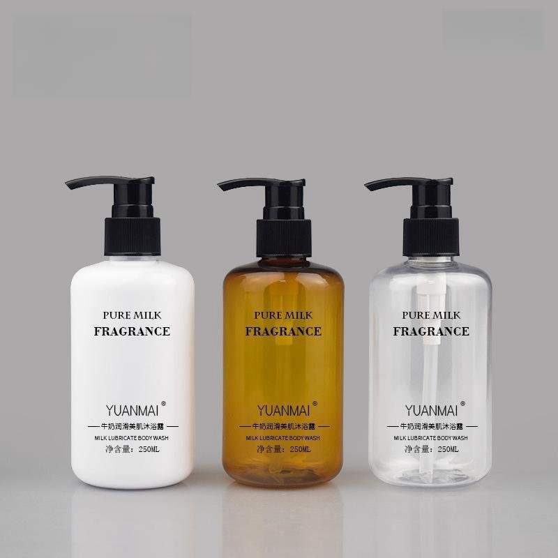Fuyun Wholesale White Amber Shower Gel Packaging Bottle 200ml Pet Shampoo Handwash Bottle with Black Pump Sprayer