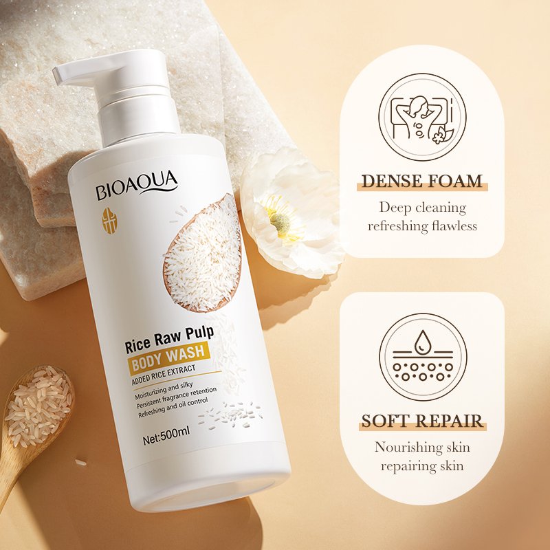 BIOAQUA Rice Puree Shower Gel Natural Organic Bath Body Cleaning Skin Care Nourishing Whitening Lightening Perfume Shower Gel