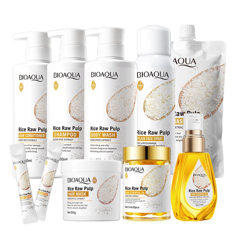 OEM BIOAQUA Organic Natural Rice Hair Shampoo And Conditioner Body Cleaning Skin Care Shower Gel Hair Care Products Bath Sets