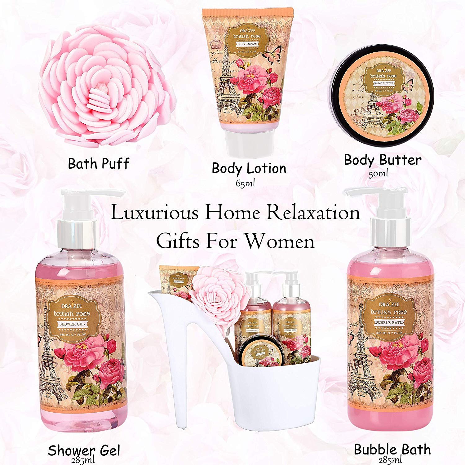5 Pcs Luxury Heel Shoe Spa Basket for Women Rose Spa Gift for Women Rose Scented bath gift set Home Relaxation Set