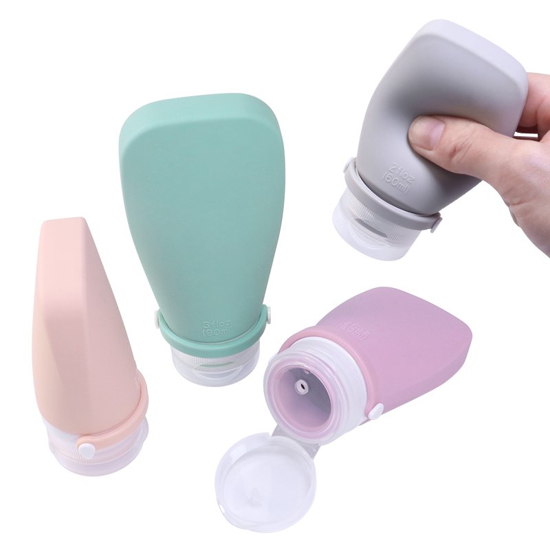 4-in-1 Reusable Travel Bottle Kit 60ml 2oz Leakproof Squeeze Durable Silicone Travel Shower Gel Soap Bottle Set 90 ml for Lotion