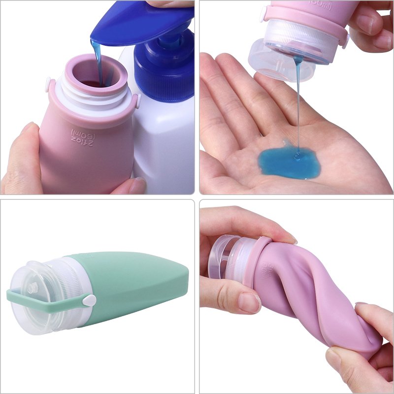 4-in-1 Reusable Travel Bottle Kit 60ml 2oz Leakproof Squeeze Durable Silicone Travel Shower Gel Soap Bottle Set 90 ml for Lotion