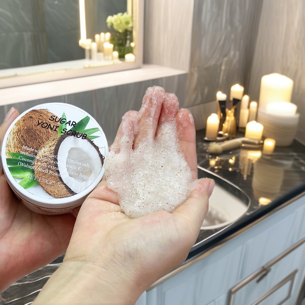 Customized 150g Coconut Milk Body Sugar Scrub Vegan Deep Cleaning Bath Product Lemon Shea Butter Vitamin C Herbal Strawberry OEM