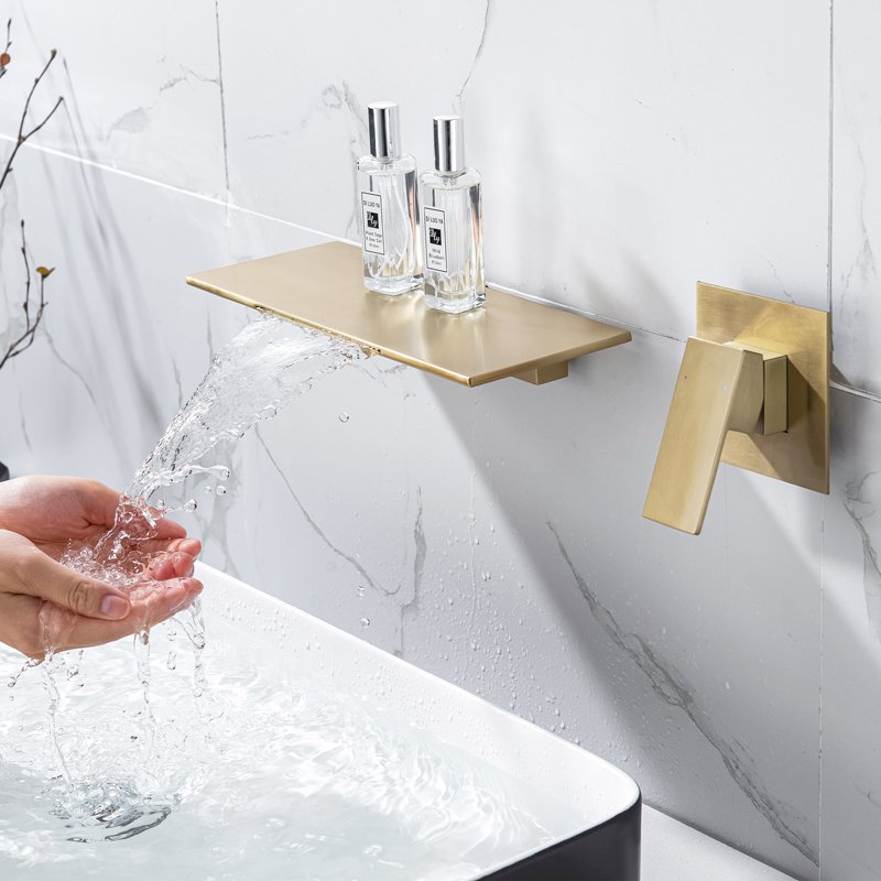 luxury wall mounted waterfall spout basin faucet concealed basin mixer with shower gel shelf holder