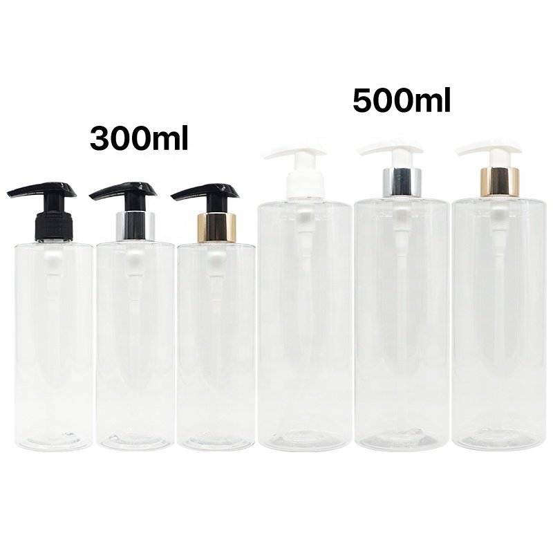 Custom Empty PET Plastic Clear Transparent Shampoo lotion Pump Bottles With 10oz 16oz 300ml 500ml For Shower Gel