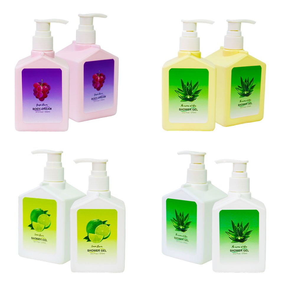 Private Label 370ml Brightening Shower Gel Aloe Vera Grapes Lemons Kojic Acid Moisturizing Whitening Body Wash 4 pack Set