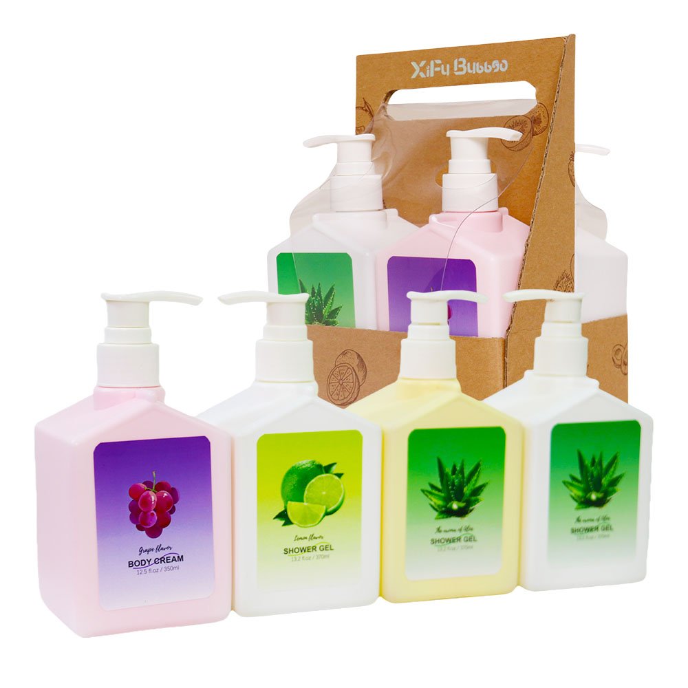 Private Label 370ml Brightening Shower Gel Aloe Vera Grapes Lemons Kojic Acid Moisturizing Whitening Body Wash 4 pack Set