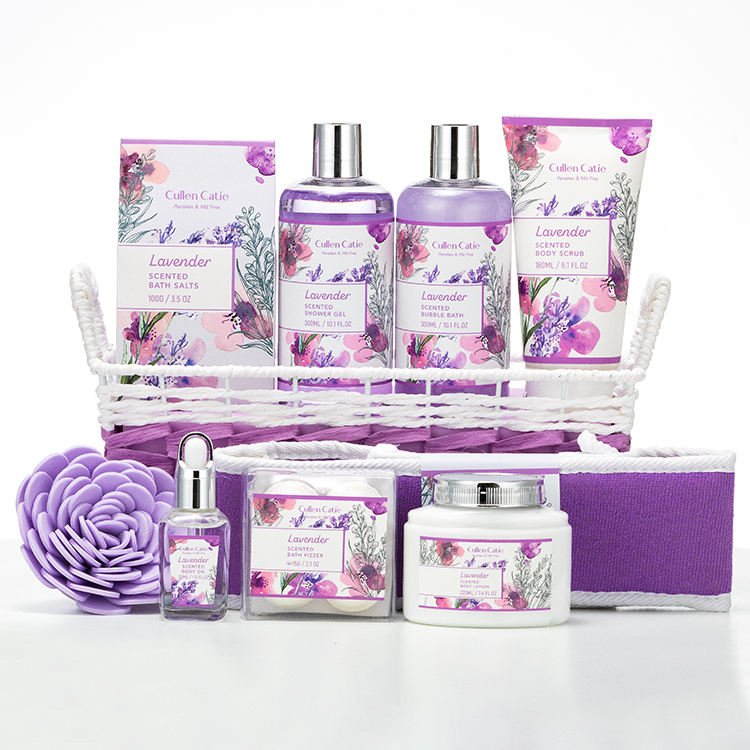 Hot sell factory price Purple lavender fragrance basket Bathing set shower gel packaging home spa bath salts body lotion OEM&ODM