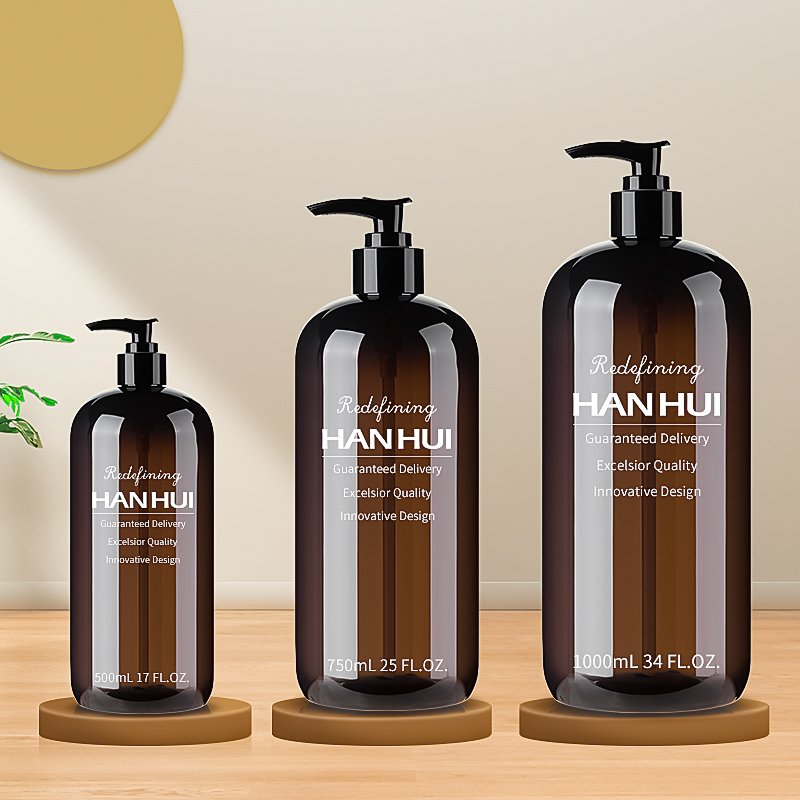 HANHUI Luxury Custom Logo Black Shampoo Bottle 500ml 750ml 1000ml 1L Shower Gel Shampoo Packaging Bottle Set With Pump