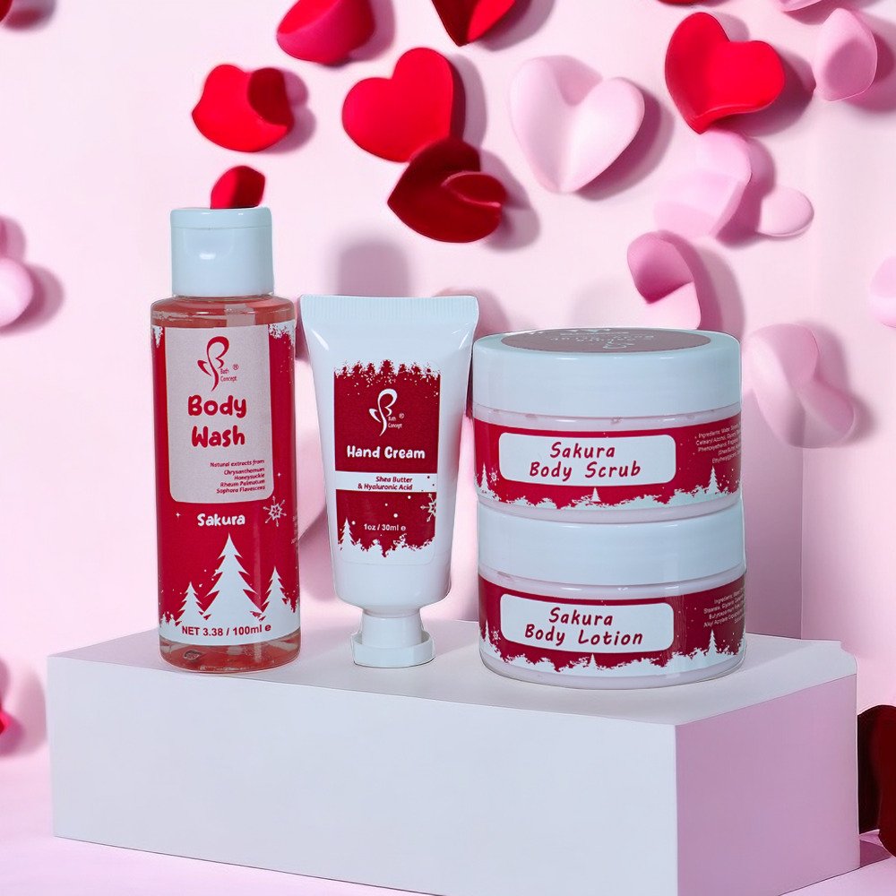 Custom Wholesale OEM Sakura Shower Gel Body Lotion Body Scrub Hand Cream Christmas Spa Bath Set For Women Gift