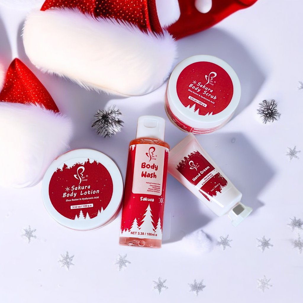 Custom Wholesale OEM Sakura Shower Gel Body Lotion Body Scrub Hand Cream Christmas Spa Bath Set For Women Gift