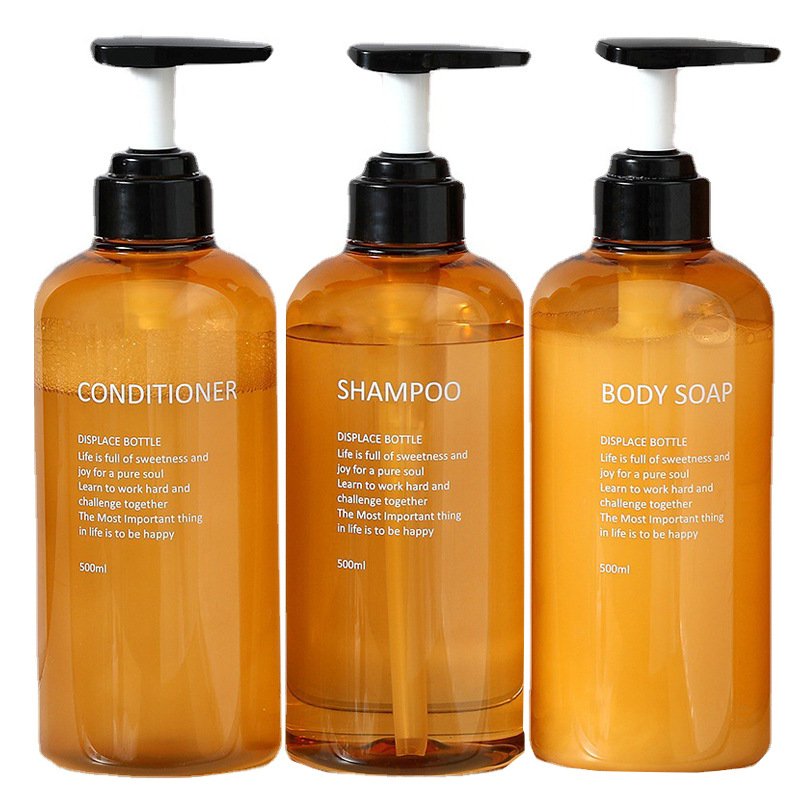 Hotel Shampoo Bottle 300ml 500ml Plastic Lotion Sub Bottle PET Wash and Care Press Shower Gel Bottle Cosmetic Screen Printing